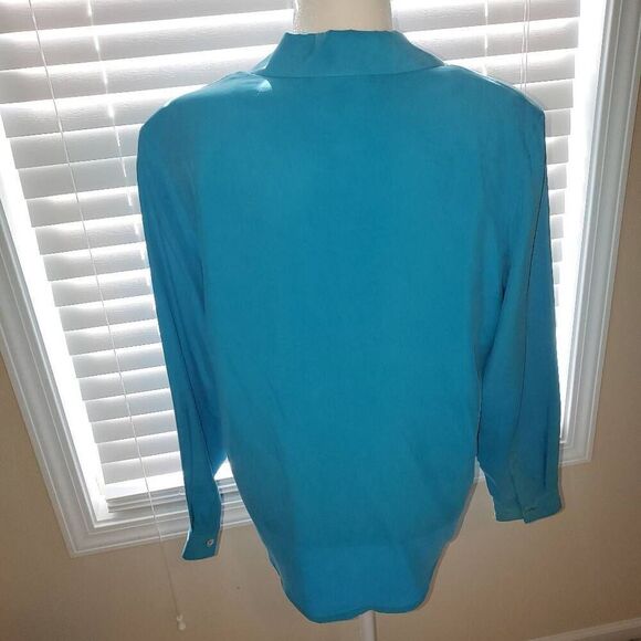 Anne Carson 100% Silk Teal Blue Vintage Button Collared Blouse Size Large - Picture 3 of 7